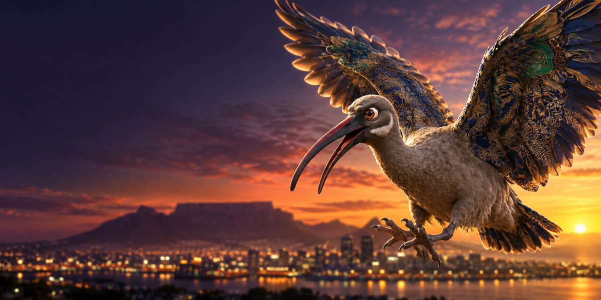 The Hadeda Havoc bird coming in to land over Cape Town at sunset
