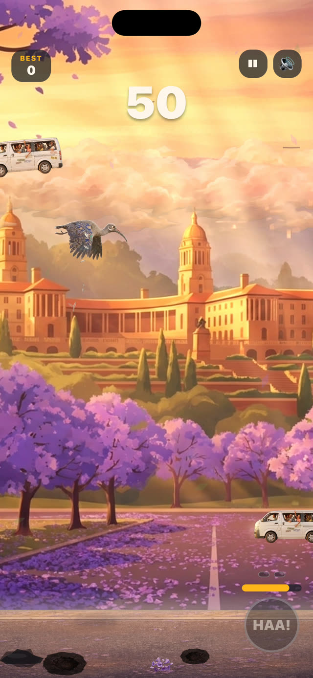 Gameplay screenshot: flying at dawn over the city