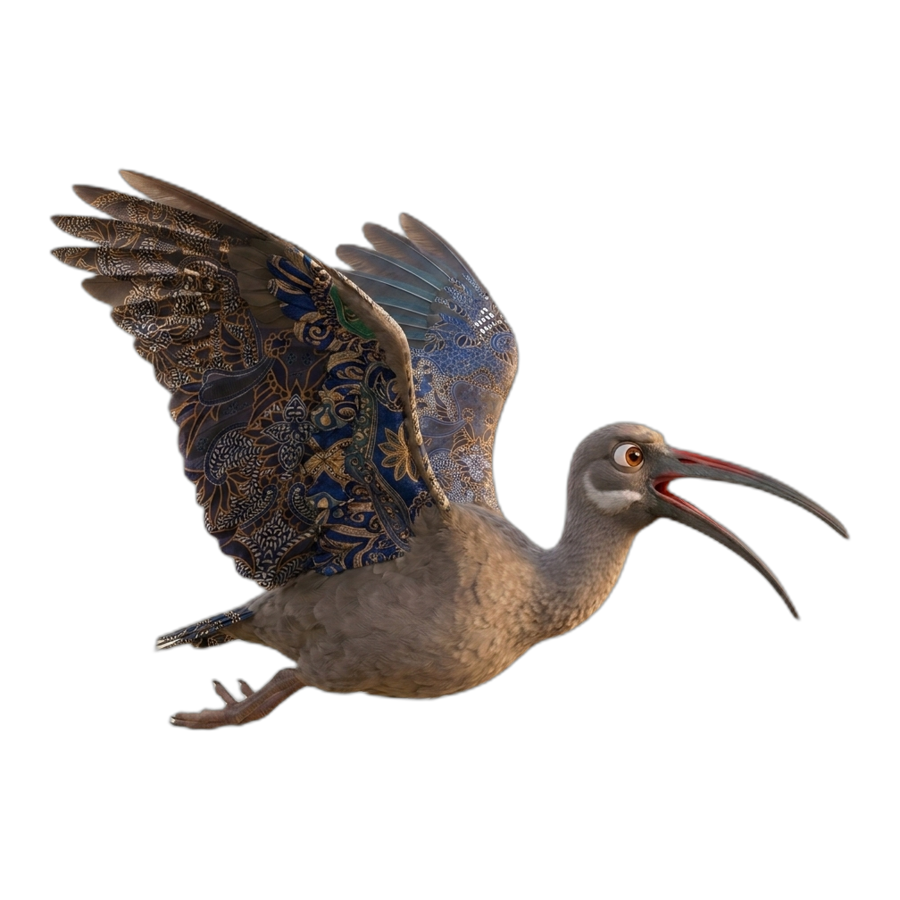 The Hadeda Havoc hero bird, wings spread, mid-screech
